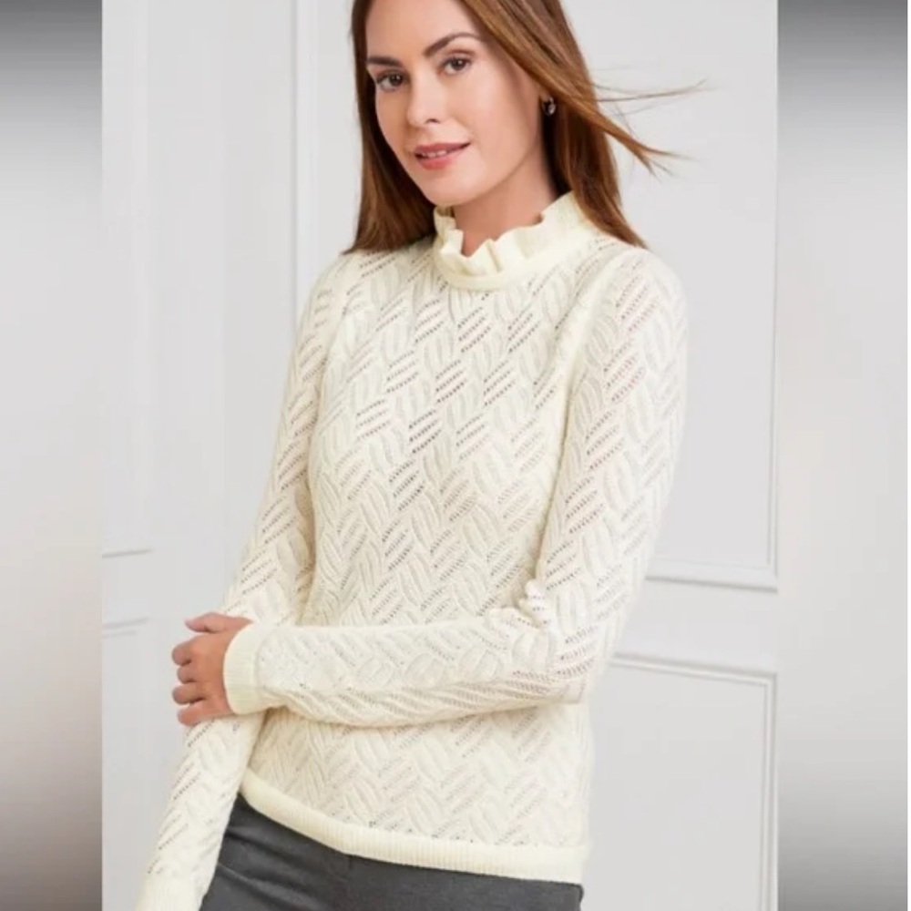 Talbots ruffle neck ivory pointelle stitch wool blend sweater petite Cottagecore